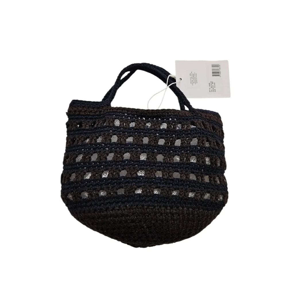 Ganni Striped Crochet Tote Bag In Brown And Navy Blue NWT